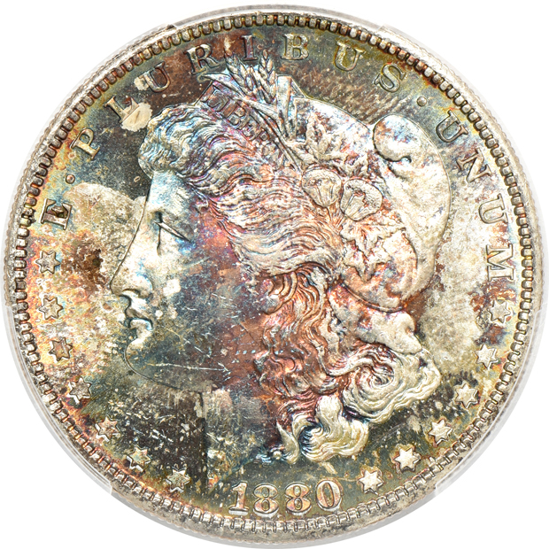 Five nicely toned Uncirculated Morgan silver dollars, all PCGS