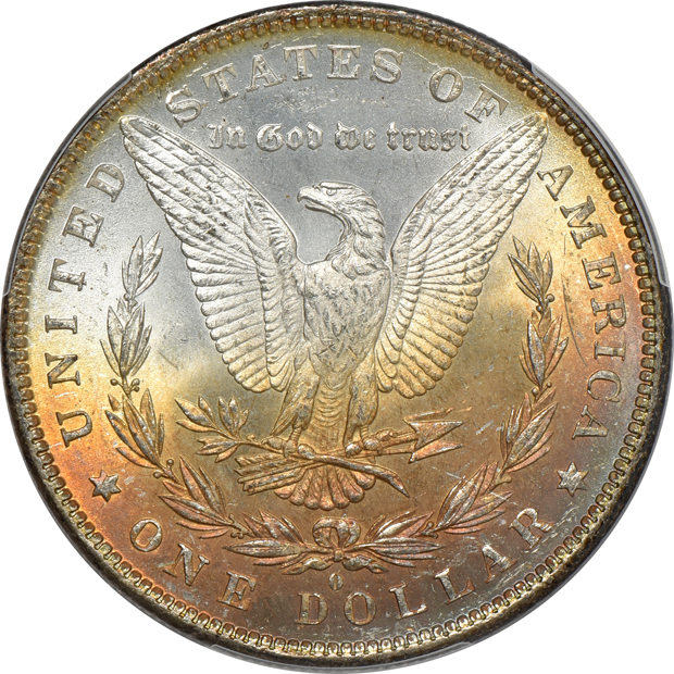 Five Uncirculated Morgans silver dollars with beautifully toned reverses, all PCGS