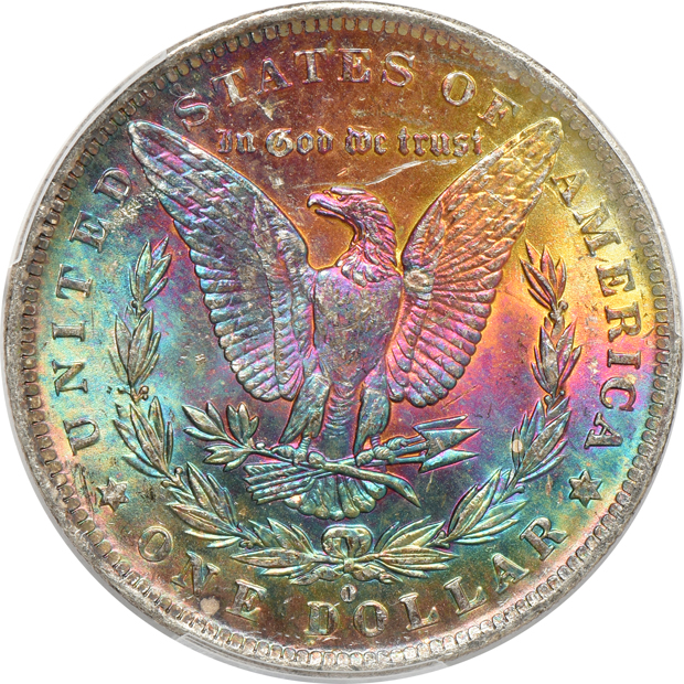 Five Uncirculated Morgans silver dollars with beautifully toned reverses, all PCGS