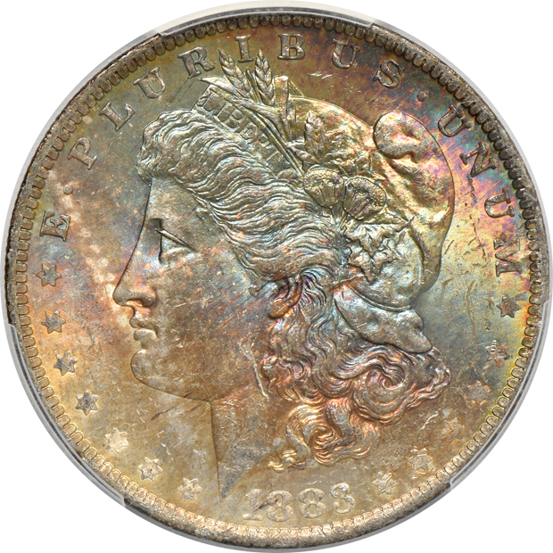 Six attractively toned Uncirculated Morgan silver dollars, all PCGS