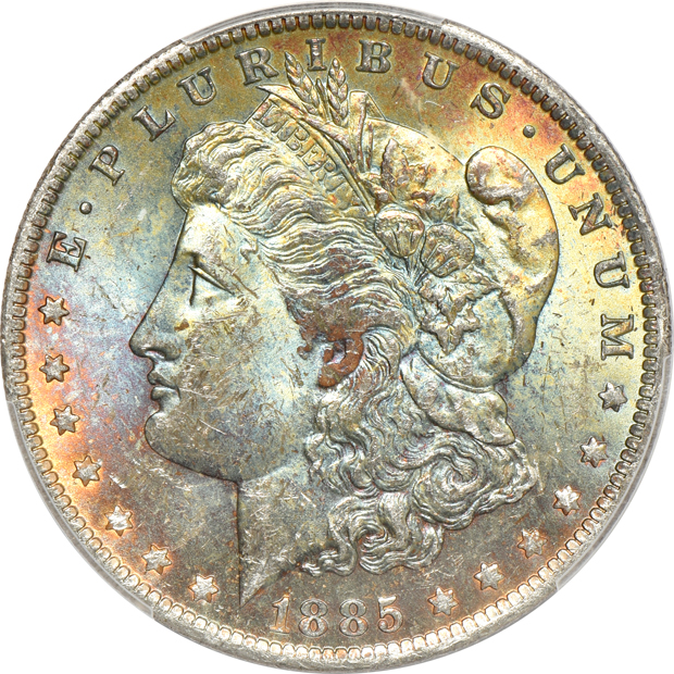 Six attractively toned Uncirculated Morgan silver dollars, all PCGS