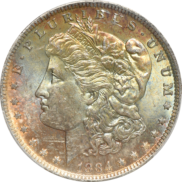 Six attractively toned Uncirculated Morgan silver dollars, all PCGS