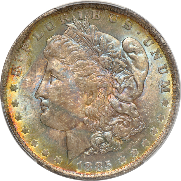 Six attractively toned Uncirculated Morgan silver dollars, all PCGS
