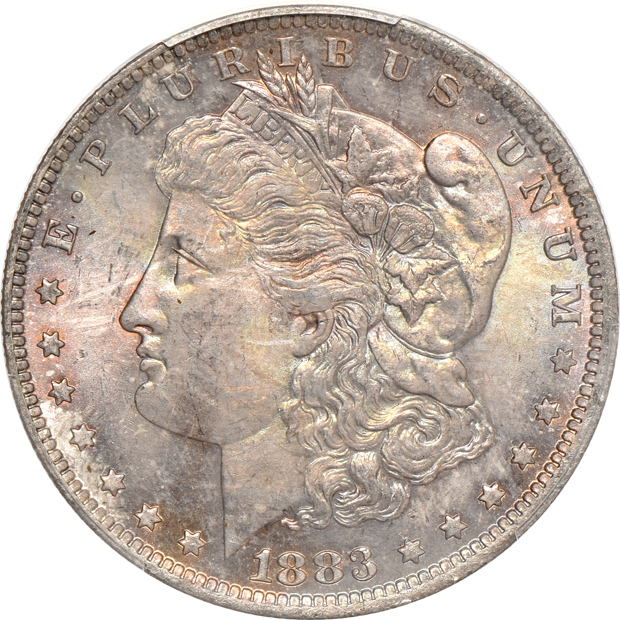 Six attractively toned Uncirculated Morgan silver dollars, all PCGS