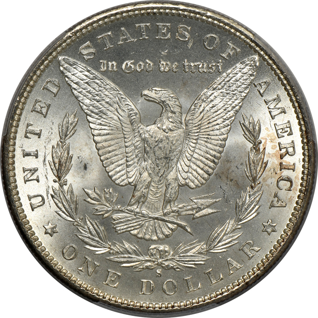 Five Uncirculated Morgan silver dollars, all PCGS