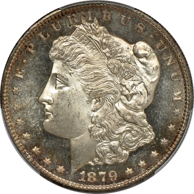 Five Uncirculated Morgan silver dollars, all PCGS