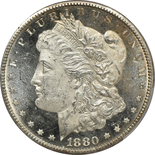 Five Uncirculated Morgan silver dollars, all PCGS