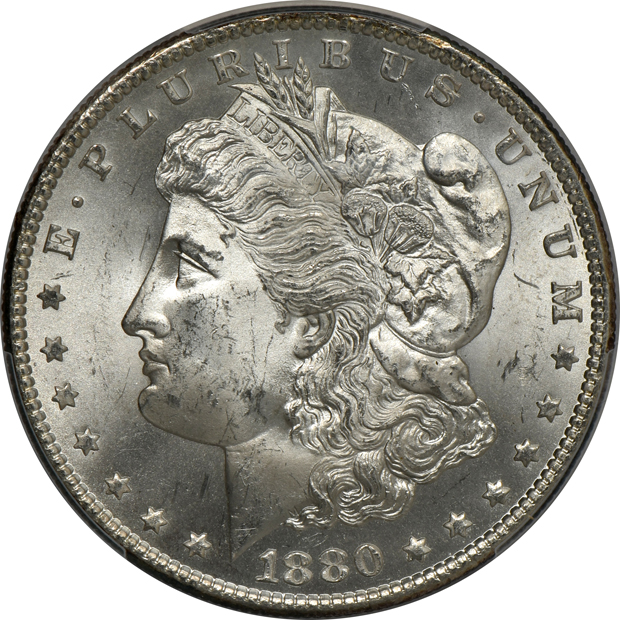 Five Uncirculated Morgan silver dollars, all PCGS