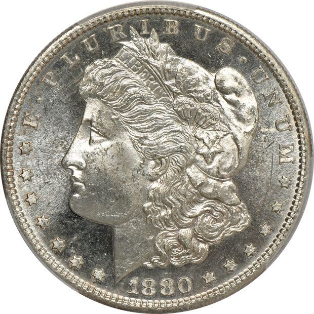 Five Uncirculated Morgan silver dollars, all PCGS