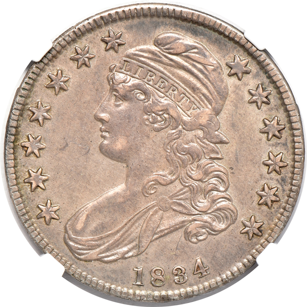 1828 Square Base 2, Sm 8'S, Lge Let AU-53, and an 1834 AU-55, both NGC