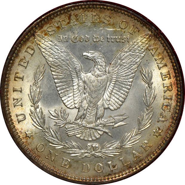 Five Morgan silver dollars, all from The Redfield Collection
