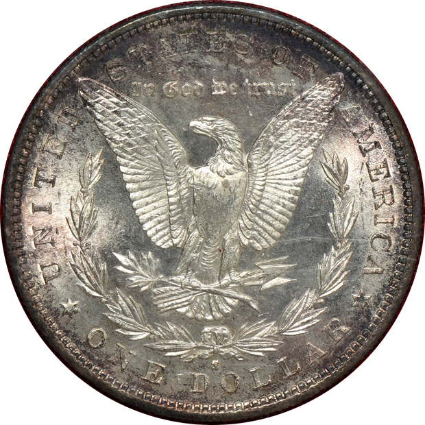 Five Morgan silver dollars, all from The Redfield Collection