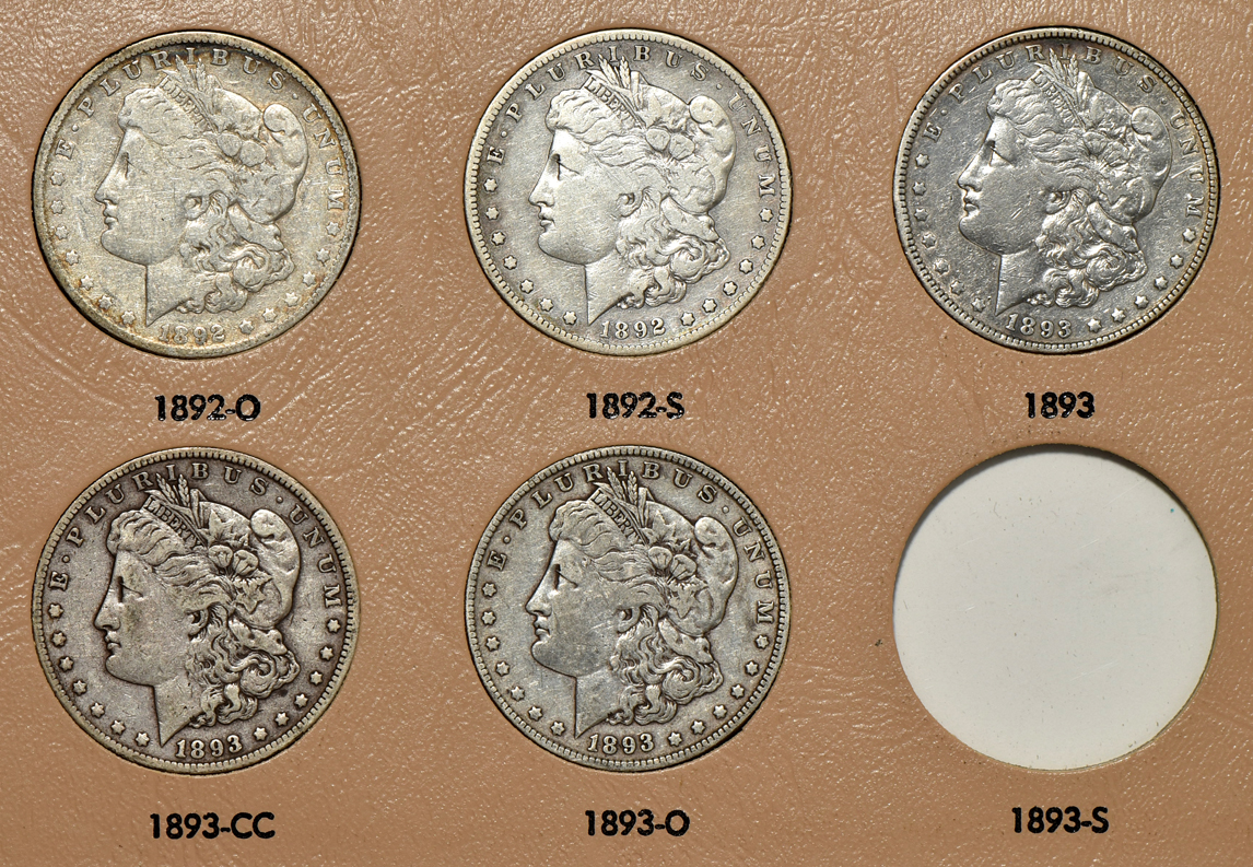 Group of 46 different Morgan silver dollars in a Dansco 7179 album