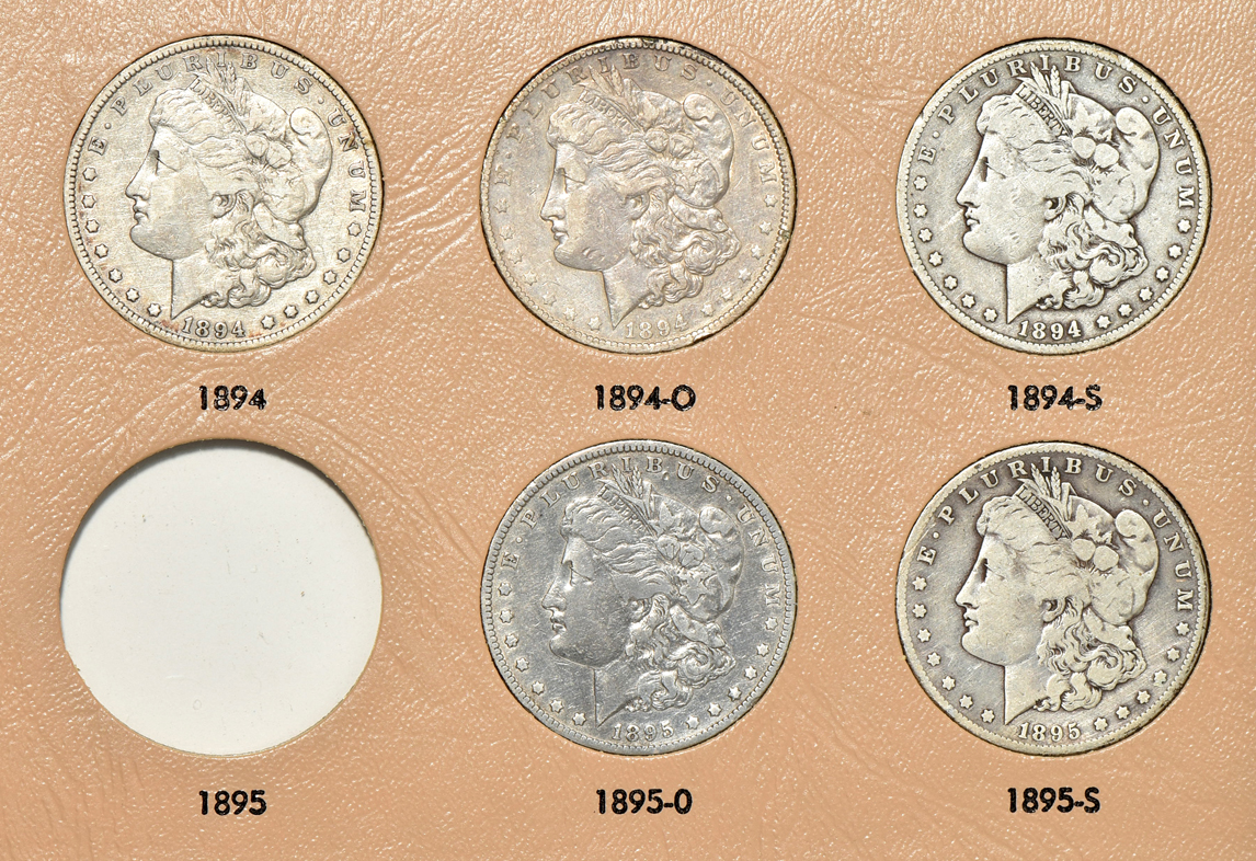 Group of 46 different Morgan silver dollars in a Dansco 7179 album