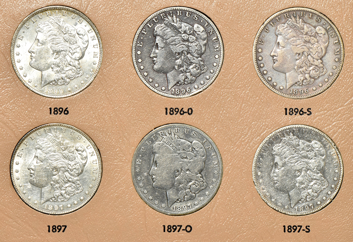 Group of 46 different Morgan silver dollars in a Dansco 7179 album