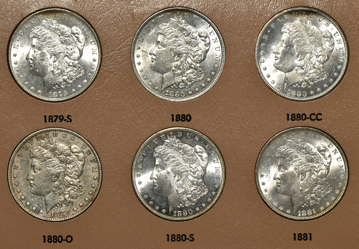 Collection of Morgan silver dollars 1878 through 1890-S in a complete Dansco 7178 album
