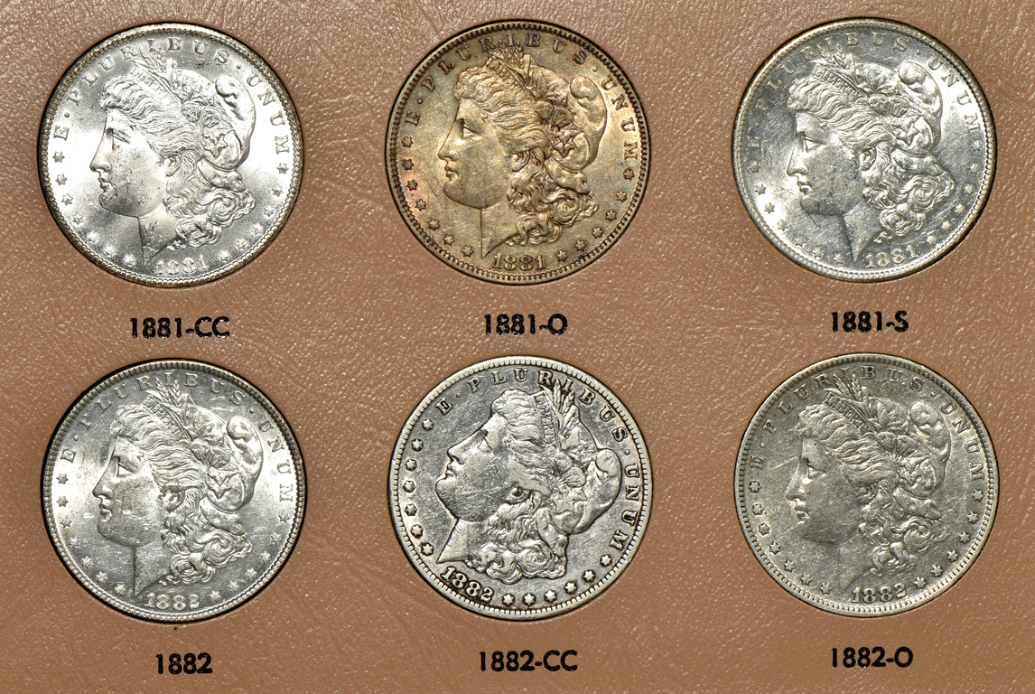 Collection of Morgan silver dollars 1878 through 1890-S in a complete Dansco 7178 album