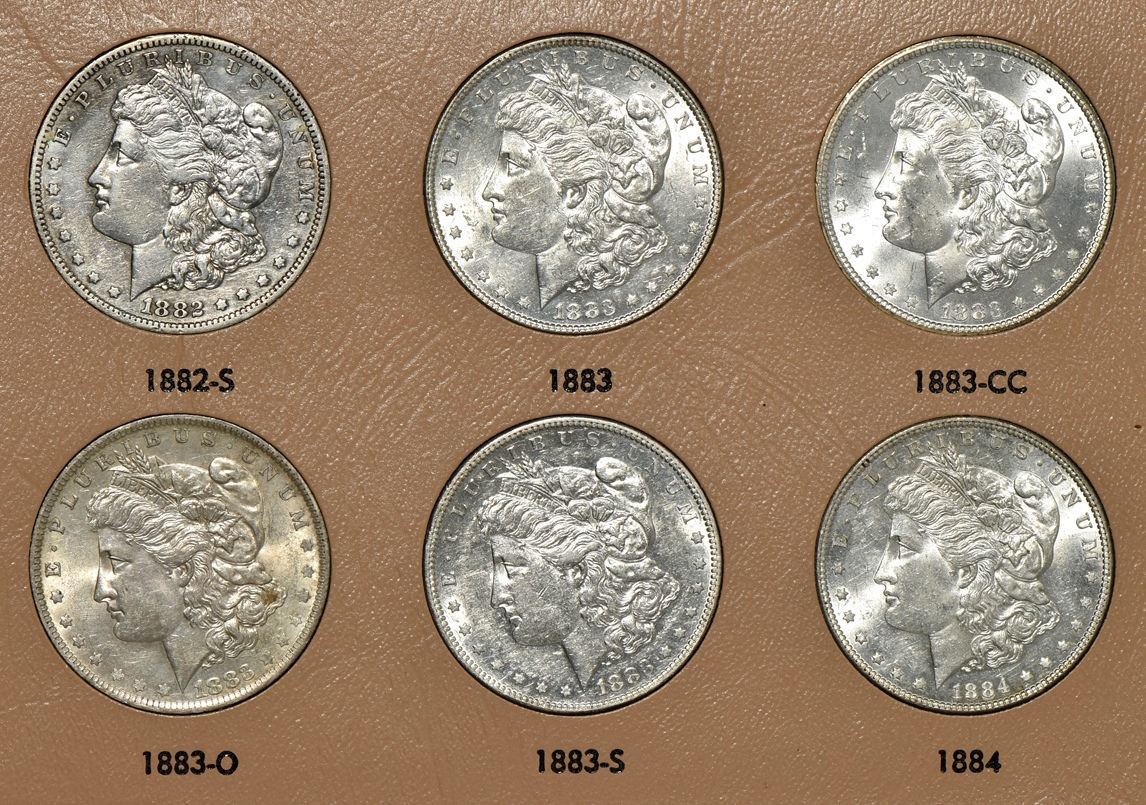 Collection of Morgan silver dollars 1878 through 1890-S in a complete Dansco 7178 album
