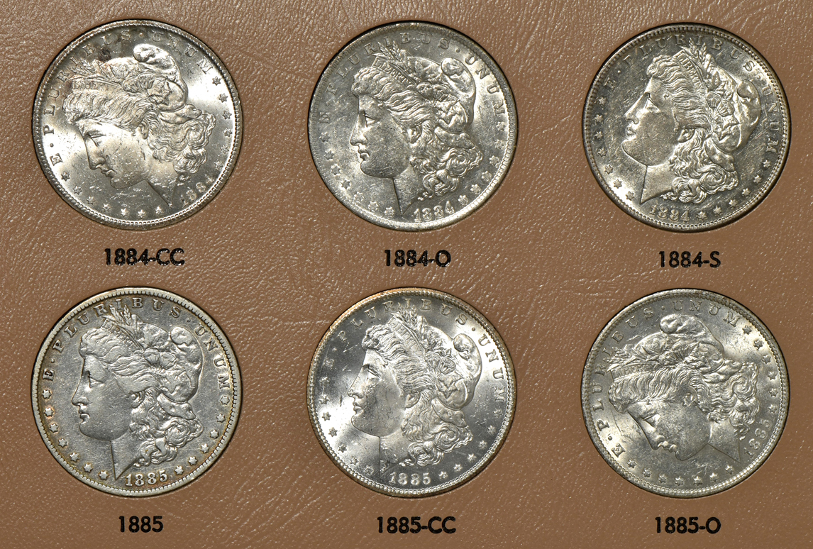 Collection of Morgan silver dollars 1878 through 1890-S in a complete Dansco 7178 album