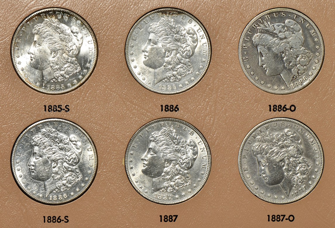 Collection of Morgan silver dollars 1878 through 1890-S in a complete Dansco 7178 album