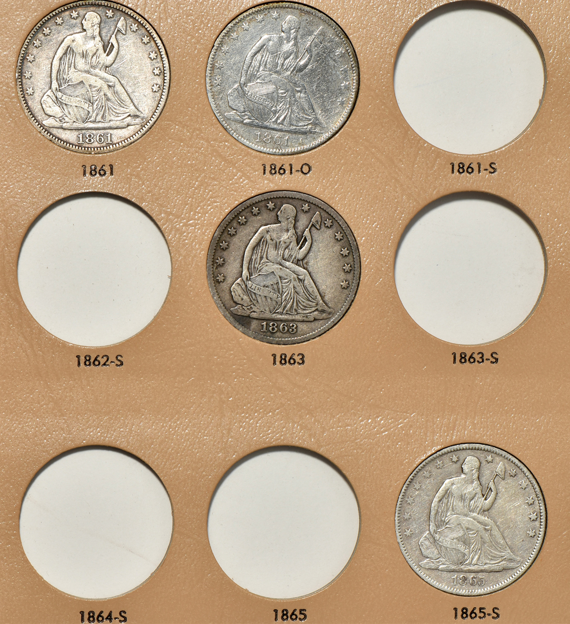 Group of 42 different Liberty Seated half dollars in a Dansco (Littleton-07) album
