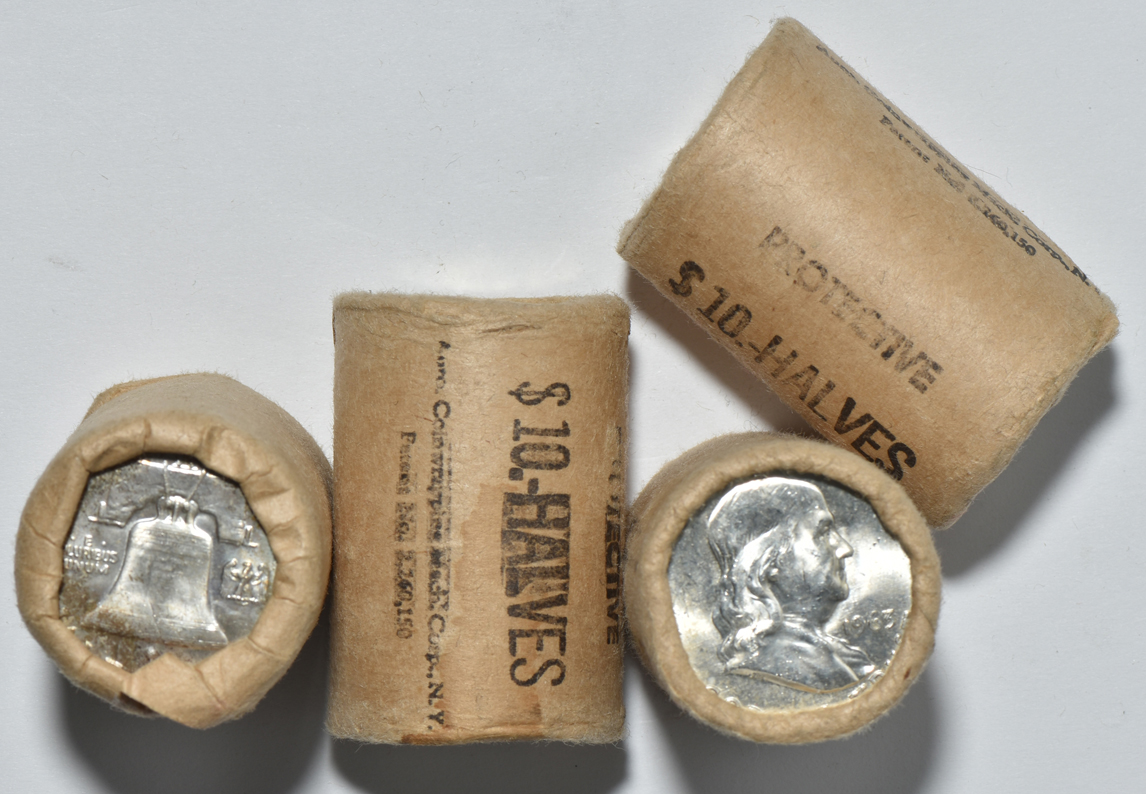 Eight bank wrapped rolls of 1963-D Franklin half dollars