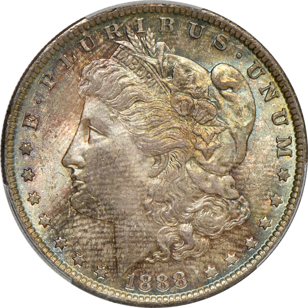Seven toned Morgan silver dollars certified by PCGS