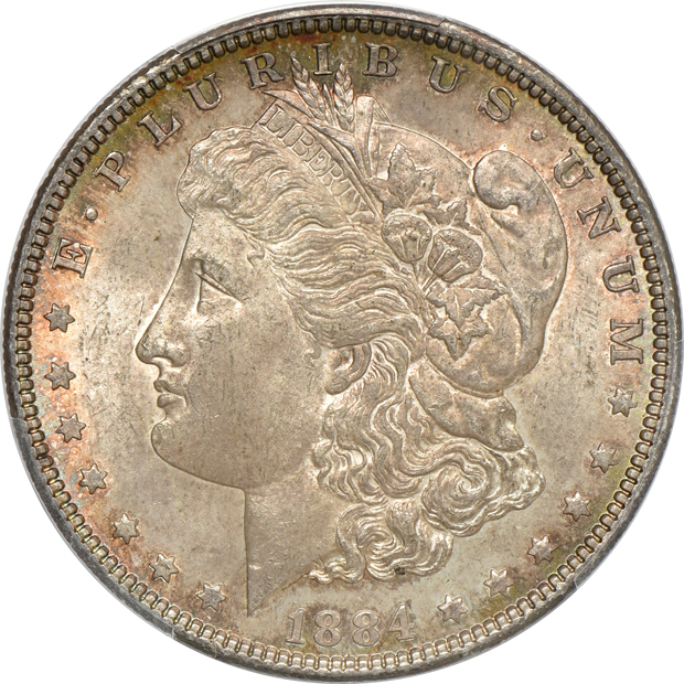 Seven toned Morgan silver dollars certified by PCGS