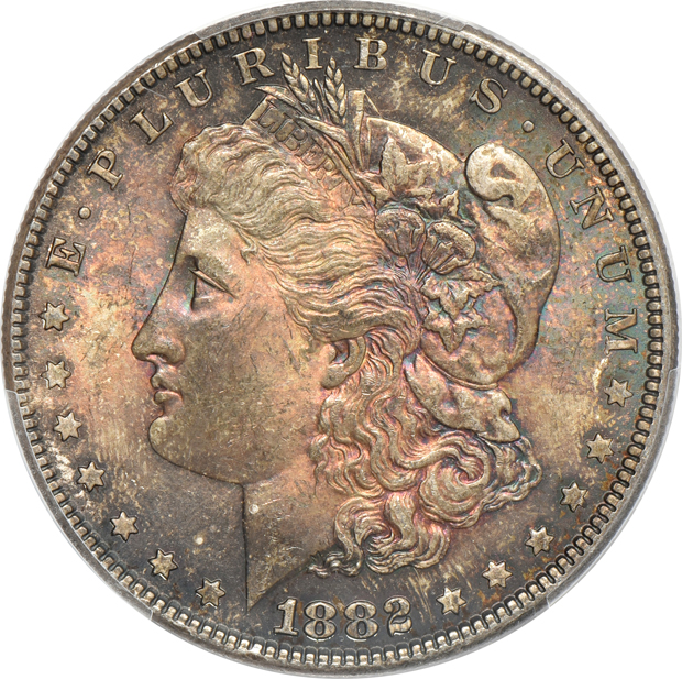 Seven toned Morgan silver dollars certified by PCGS