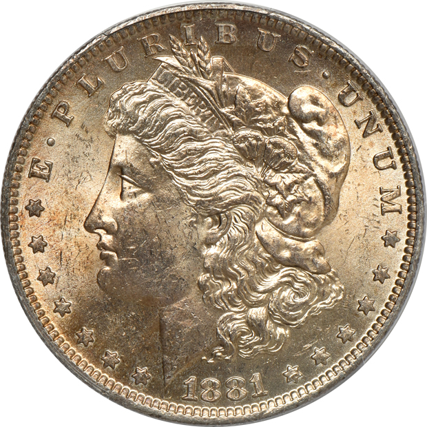 Seven toned Morgan silver dollars certified by PCGS