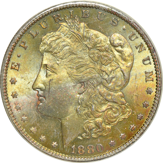 Five toned Morgan silver dollars certified by PCGS