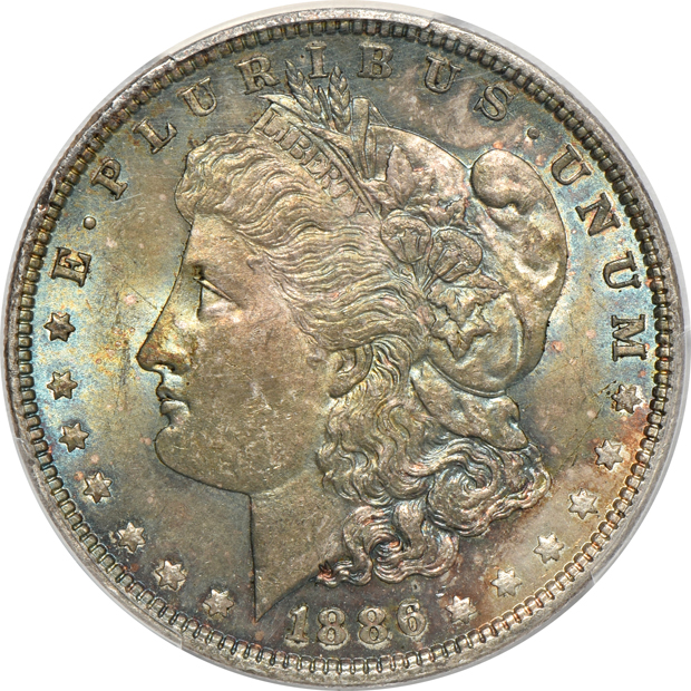 Five toned Morgan silver dollars certified by PCGS