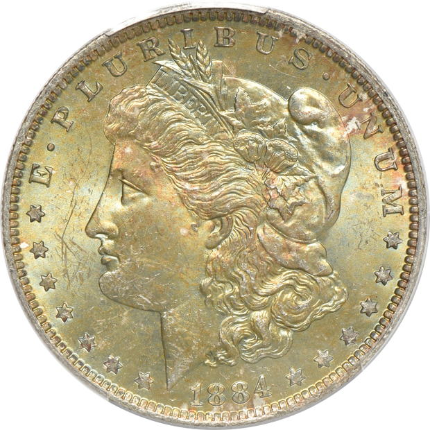 Five toned Morgan silver dollars certified by PCGS