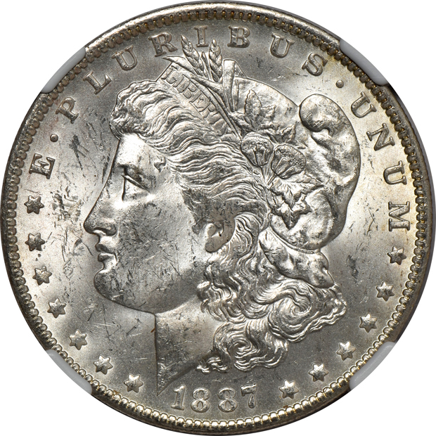 1885-S PCGS MS-62, 1887-O NGC MS-62, and an 1887-O NGC MS-63