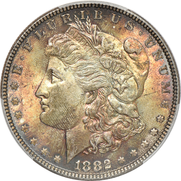 Four Morgan silver dollars, all MS-65 CAC