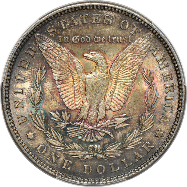 Four Morgan silver dollars, all MS-65 CAC