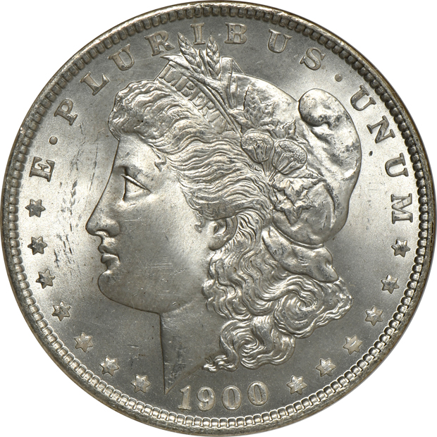 Four Morgan silver dollars, all MS-65 CAC