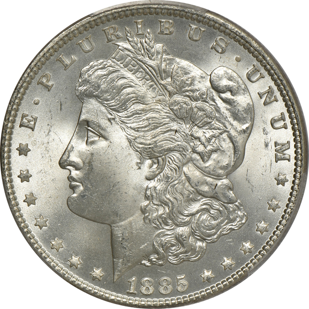 Four Morgan silver dollars, all MS-65 CAC