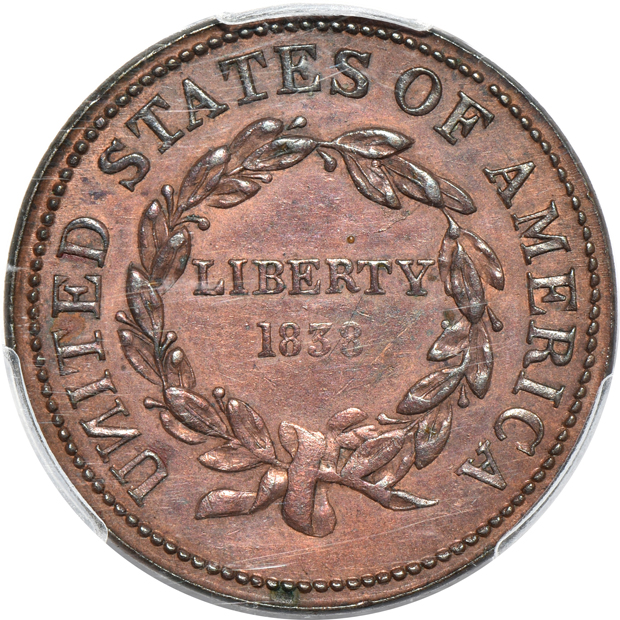 1787 Draped Bust Left VG-8, plus an 1838 Am I Not a Woman token AU details/cleaned, both PCGS
