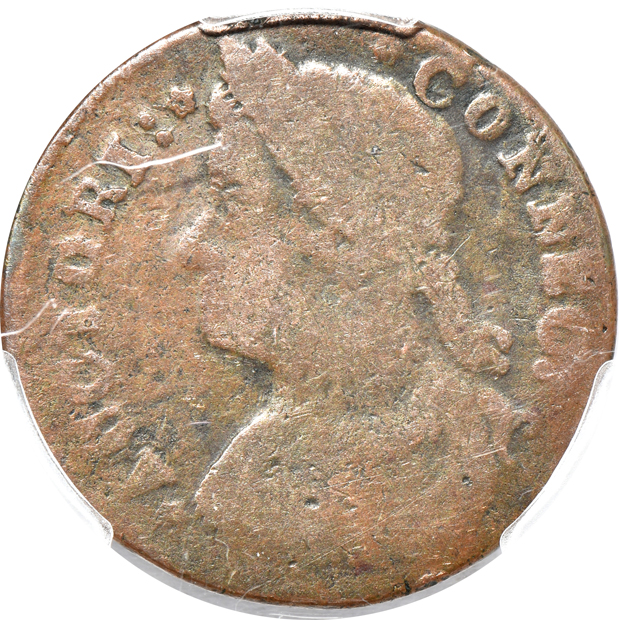 1787 Draped Bust Left VG-8, plus an 1838 Am I Not a Woman token AU details/cleaned, both PCGS