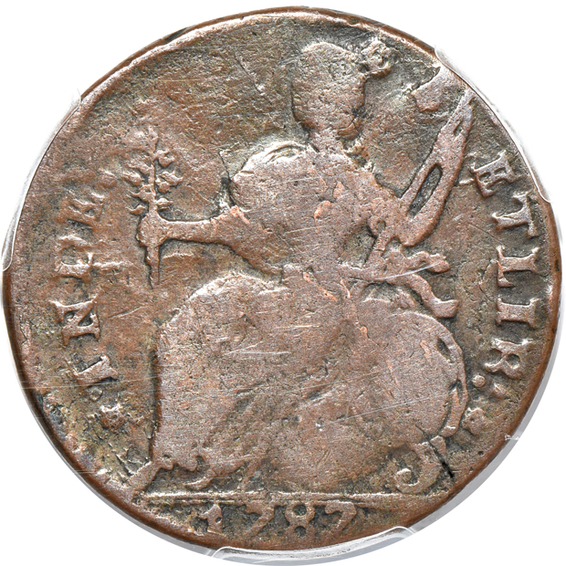 1787 Draped Bust Left VG-8, plus an 1838 Am I Not a Woman token AU details/cleaned, both PCGS