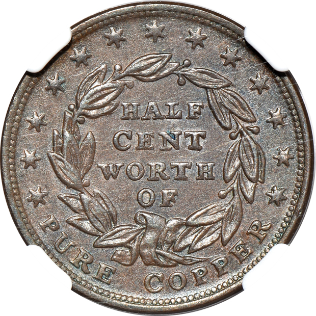 1837 Half Cent of Copper HT-73 NGC MS-62