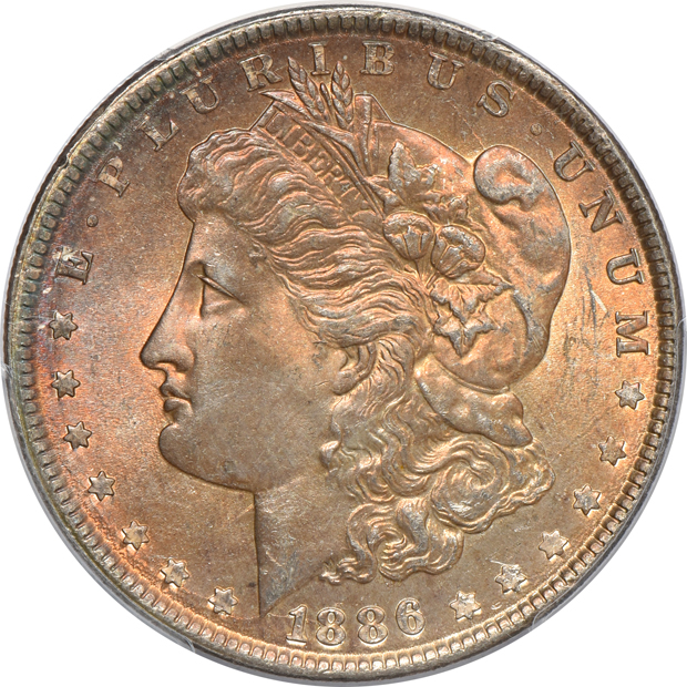 Six toned Morgan silver dollars certified MS-64 by PCGS