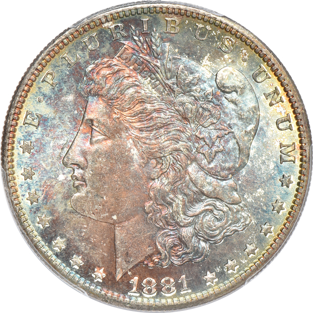 Six toned Morgan silver dollars certified MS-64 by PCGS