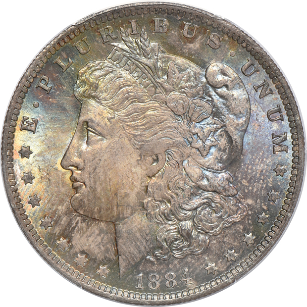 Six toned Morgan silver dollars certified MS-64 by PCGS