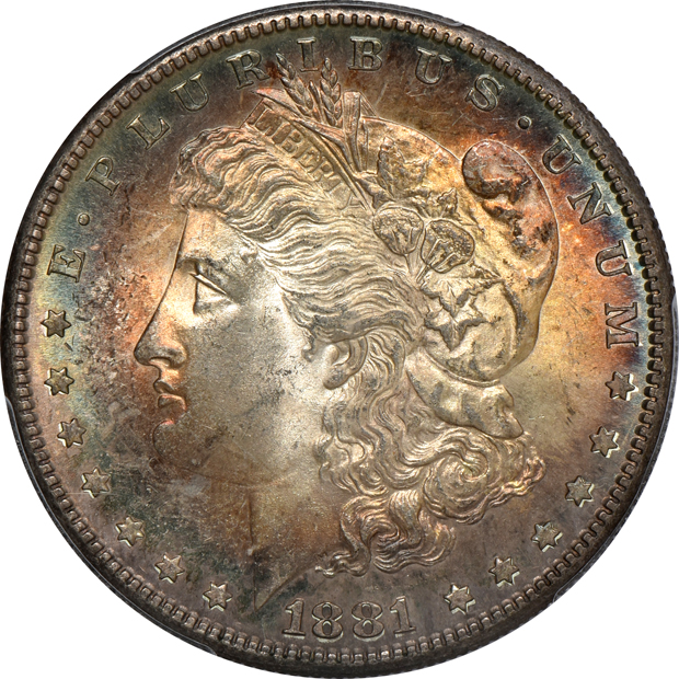 Six toned Morgan silver dollars certified MS-64 by PCGS