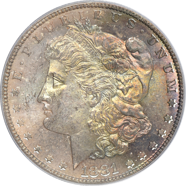 Six toned Morgan silver dollars certified MS-64 by PCGS