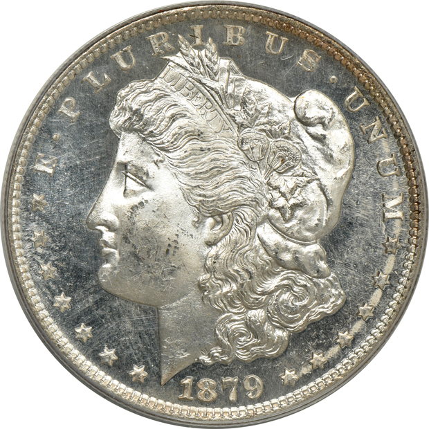 1879-S Morgan silver dollar MS-63PL (green label), and a 1934-D Washington quarter MS-64, both PCGS CAC