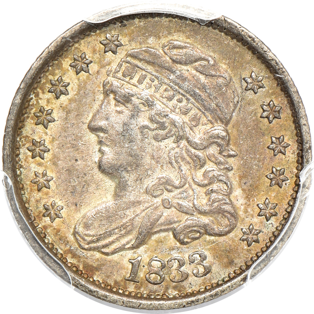 1833 Capped Bust AU-53 CAC, and an 1853-O Liberty Seated with arrows AU-55, both PCGS 