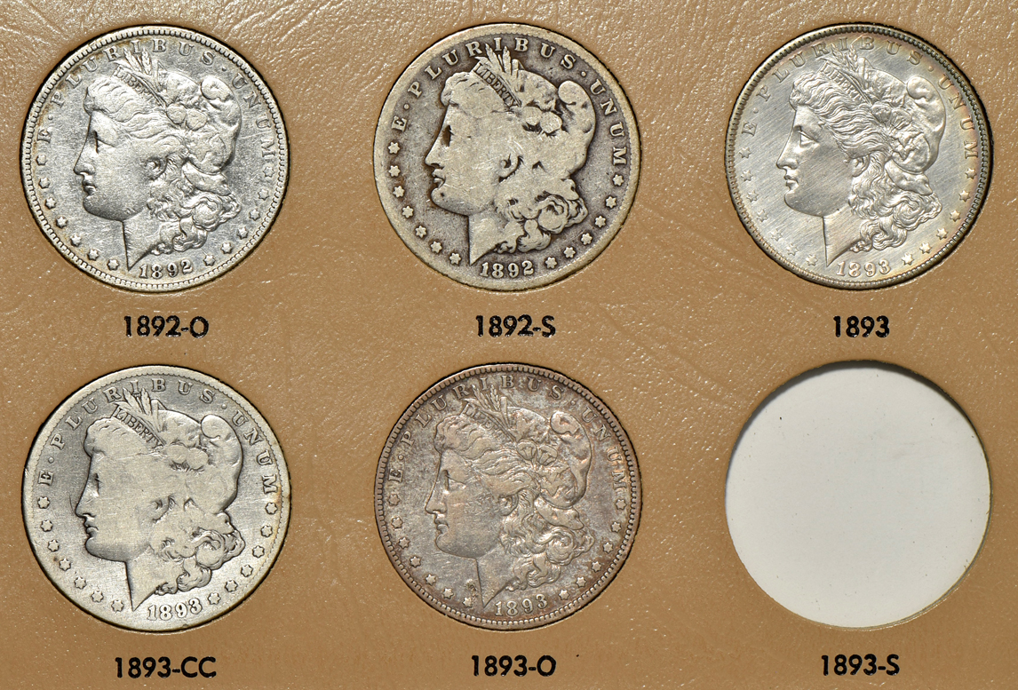 Collection of 45 different Morgan silver dollars in a Dansco 7179 album
